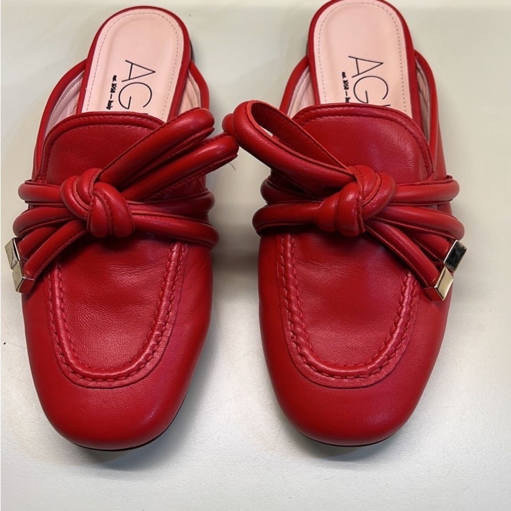 Agl Red Leather Knot Mule Flats | Italian Designer Slip On Shoes | Nwt Holiday